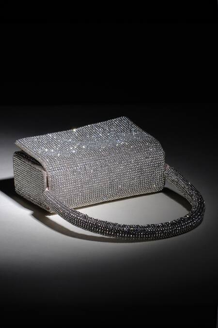 Ozel Silver Crystals Dazzle Embellished Flap Bag Online at Aza Fashions Ozel_Silver Crystals Dazzle Embellished Flap Bag _Online_at_Aza_Fashions