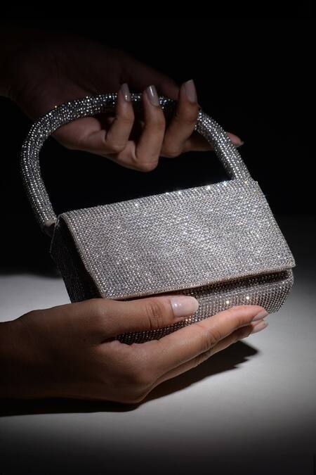 Shop Ozel Silver Crystals Dazzle Embellished Flap Bag Online at Aza Fashions Shop_Ozel_Silver Crystals Dazzle Embellished Flap Bag _Online_at_Aza_Fashions