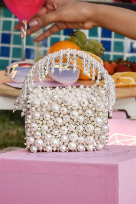 Shop Ozel Beige Pearls Bijoux Embellished Mini Flap Bag at Aza Fashions Shop_Ozel_Beige Pearls Bijoux Embellished Mini Flap Bag _at_Aza_Fashions