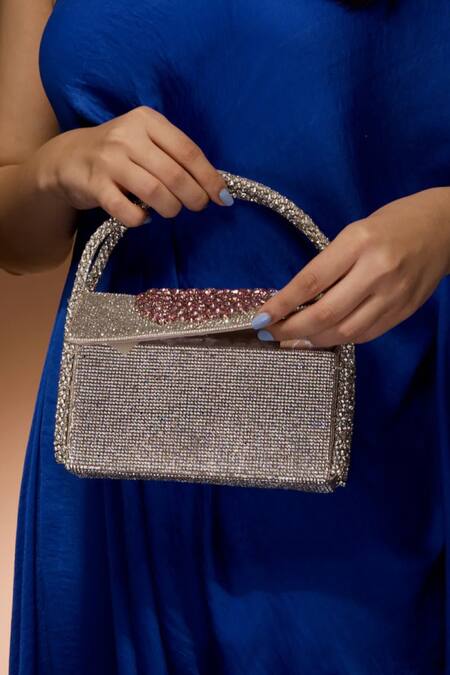 Ozel Silver Rhinestones Hotfix Heart Embellished Flap Bag Online at Aza Fashions Ozel_Silver Rhinestones Hotfix Heart Embellished Flap Bag _Online_at_Aza_Fashions