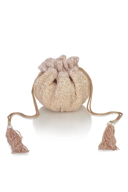 Shop Ozel Gold Sequins Burst Encrusted Potli Bag at Aza Fashions Shop_Ozel_Gold Sequins Burst Encrusted Potli Bag _at_Aza_Fashions