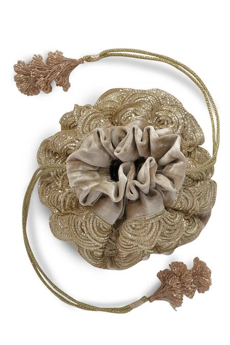 Ozel_Gold Cut Work Scallop Lace Embellished Potli Bag _Online_at_Aza_Fashions