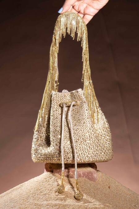 Shop Ozel Gold Sequins Pixel Potli Bucket Bag at Aza Fashions Shop_Ozel_Gold Sequins Pixel Potli Bucket Bag _at_Aza_Fashions