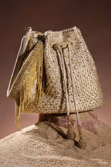 Ozel Gold Sequins Pixel Potli Bucket Bag Online at Aza Fashions Ozel_Gold Sequins Pixel Potli Bucket Bag _Online_at_Aza_Fashions