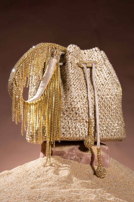 Shop Ozel Gold Sequins Pixel Potli Bucket Bag Online at Aza Fashions Shop_Ozel_Gold Sequins Pixel Potli Bucket Bag _Online_at_Aza_Fashions