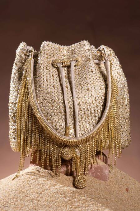 Ozel Gold Sequins Pixel Potli Bucket Bag at Aza Fashions Ozel_Gold Sequins Pixel Potli Bucket Bag _at_Aza_Fashions
