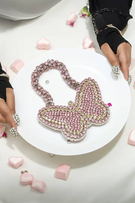 Shop Ozel Pink Rhinestones Encrusted Mini Butterfly Bag at Aza Fashions Shop_Ozel_Pink Rhinestones Encrusted Mini Butterfly Bag _at_Aza_Fashions
