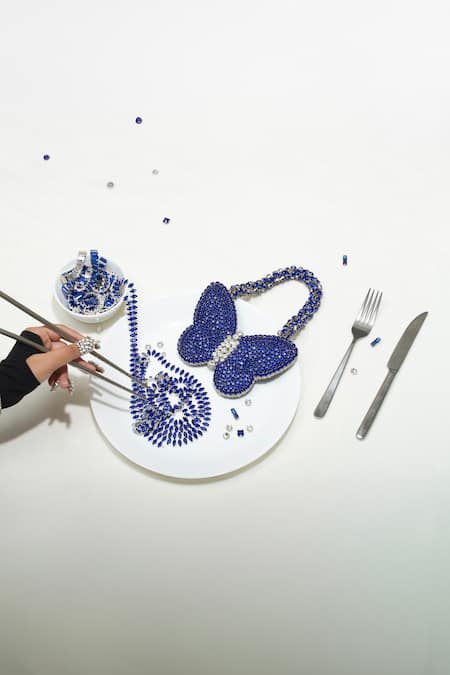 Shop Ozel Blue Rhinestone Studded Mini Butterfly Bag at Aza Fashions Shop_Ozel_Blue Rhinestone Studded Mini Butterfly Bag _at_Aza_Fashions