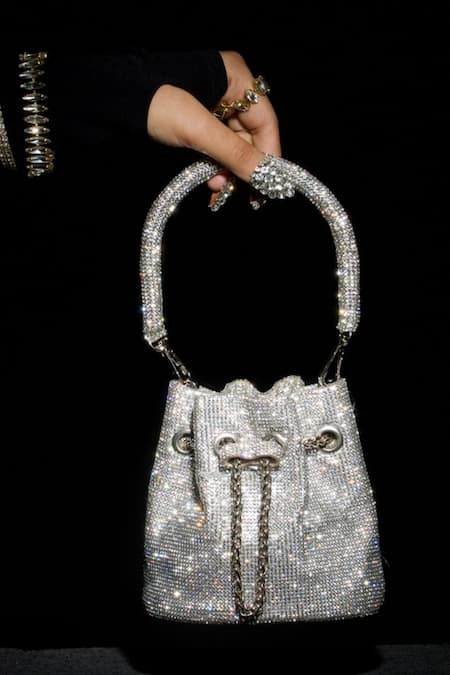 Ozel Silver Hotfix Stones Shimmy Embellished Bucket Bag Online at Aza Fashions Ozel_Silver Hotfix Stones Shimmy Embellished Bucket Bag _Online_at_Aza_Fashions
