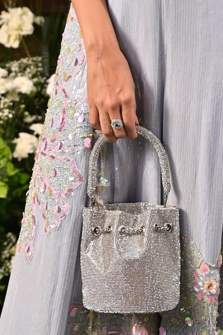 Ozel Silver Hotfix Stones Shimmy Embellished Bucket Bag at Aza Fashions Ozel_Silver Hotfix Stones Shimmy Embellished Bucket Bag _at_Aza_Fashions
