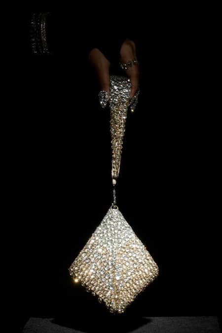 Ozel Gold Rhinestones Encrusted Pyramid Bag Online at Aza Fashions Ozel_Gold Rhinestones Encrusted Pyramid Bag _Online_at_Aza_Fashions