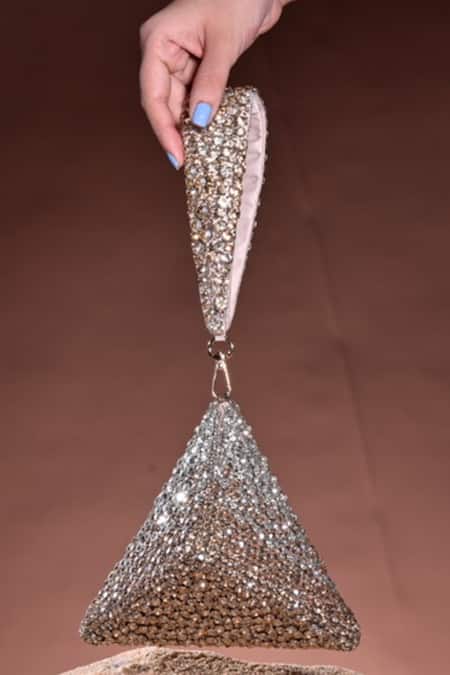 Shop Ozel Gold Rhinestones Encrusted Pyramid Bag Online at Aza Fashions Shop_Ozel_Gold Rhinestones Encrusted Pyramid Bag _Online_at_Aza_Fashions