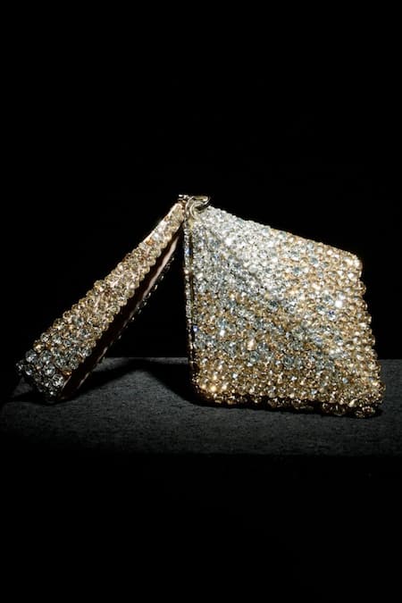 Buy Ozel Gold Rhinestones Encrusted Pyramid Bag Buy_Ozel_Gold Rhinestones Encrusted Pyramid Bag