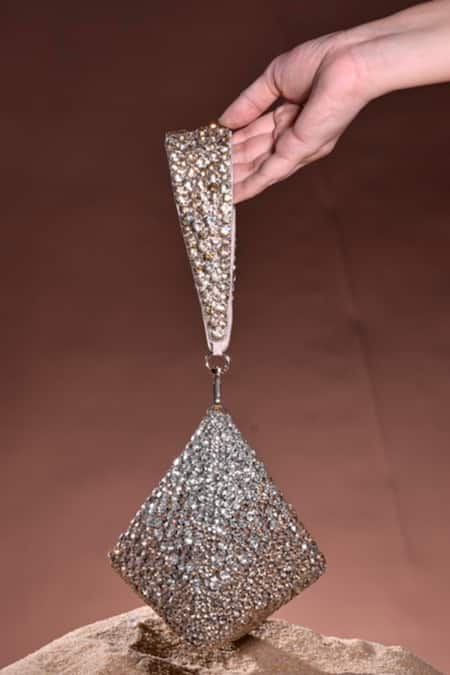 Shop Ozel Gold Rhinestones Encrusted Pyramid Bag Shop_Ozel_Gold Rhinestones Encrusted Pyramid Bag