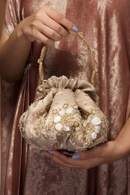 Ozel Gold Sequins Zara Zardozi Bloom Embellished Potli Bag 