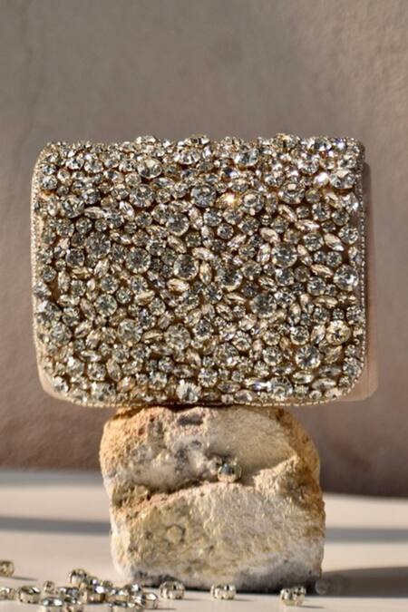 Ozel Silver Rhinestones Petal Studded Mini Flap Bag Online at Aza Fashions Ozel_Silver Rhinestones Petal Studded Mini Flap Bag _Online_at_Aza_Fashions