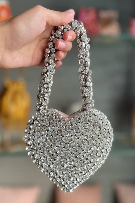 Shop Ozel Silver Rhinestones Studded Heart Bag at Aza Fashions Shop_Ozel_Silver Rhinestones Studded Heart Bag _at_Aza_Fashions