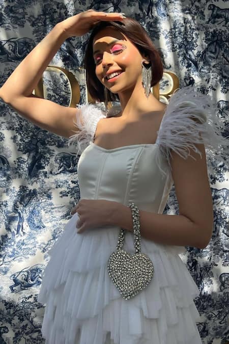 Ozel Silver Rhinestones Studded Heart Bag Online at Aza Fashions Ozel_Silver Rhinestones Studded Heart Bag _Online_at_Aza_Fashions