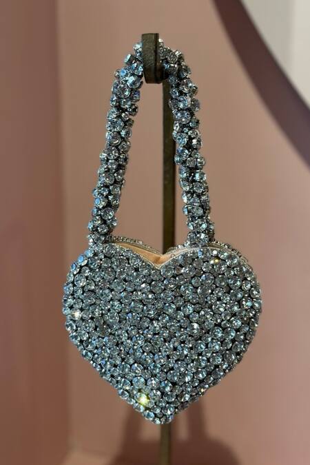 Buy Ozel Silver Rhinestones Studded Heart Bag Online at Aza Fashions Buy_Ozel_Silver Rhinestones Studded Heart Bag _Online_at_Aza_Fashions
