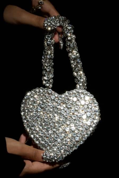 Shop Ozel Silver Rhinestones Studded Heart Bag Online at Aza Fashions Shop_Ozel_Silver Rhinestones Studded Heart Bag _Online_at_Aza_Fashions
