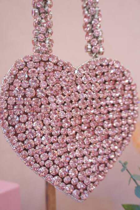 Ozel_Pink Rhinestones Studded Love Heart Bag _Online_at_Aza_Fashions