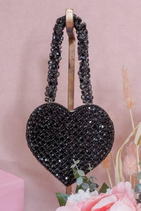 Shop Ozel Black Rhinestones Encrusted Heart Bag at Aza Fashions Shop_Ozel_Black Rhinestones Encrusted Heart Bag _at_Aza_Fashions