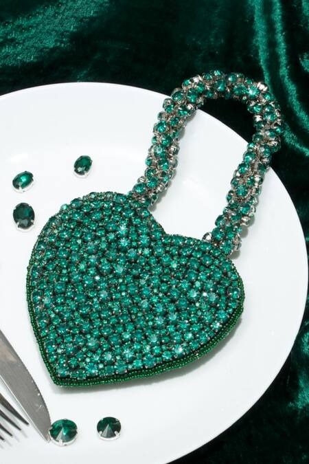 Shop Ozel Green Rhinestones Embellished Heart Bag at Aza Fashions Shop_Ozel_Green Rhinestones Embellished Heart Bag _at_Aza_Fashions