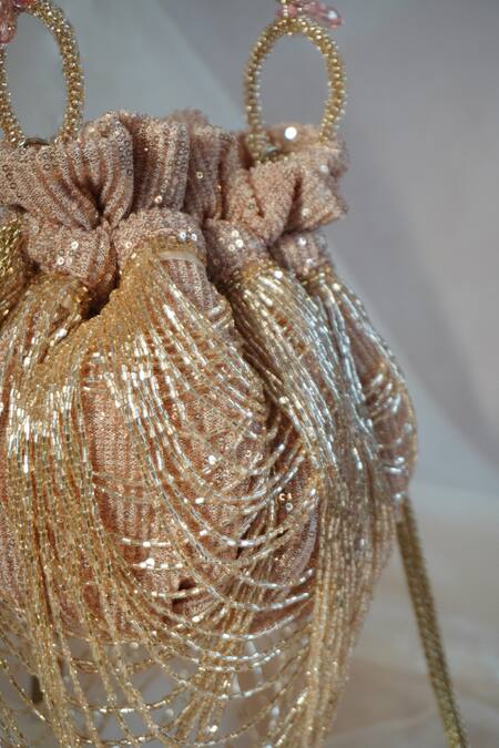 Buy_Ozel_Rose Gold Sequins Dragon Nest Embellished Potli Bag _Online_at_Aza_Fashions