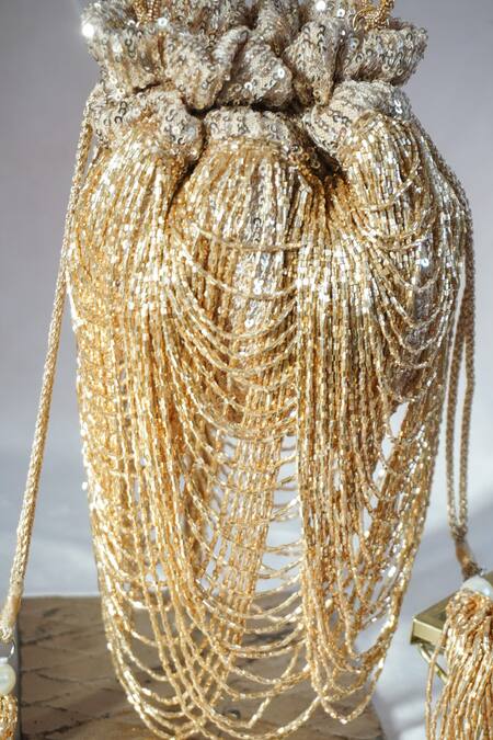 Buy_Ozel_Gold Sequins Dragon Nest Encrusted Potli Bag _Online_at_Aza_Fashions