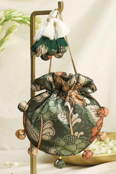 Shop Ozel Green Kalamkari Print Bloom U Shaped Potli Bag at Aza Fashions Shop_Ozel_Green Kalamkari Print Bloom U Shaped Potli Bag _at_Aza_Fashions