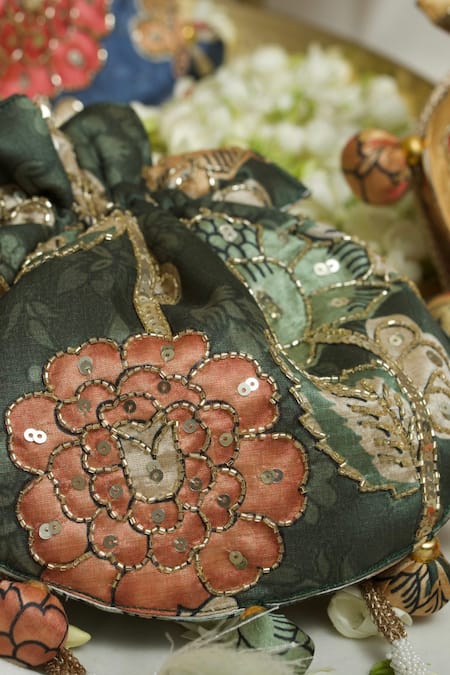 Buy Ozel Green Kalamkari Print Bloom U Shaped Potli Bag Online at Aza Fashions Buy_Ozel_Green Kalamkari Print Bloom U Shaped Potli Bag _Online_at_Aza_Fashions