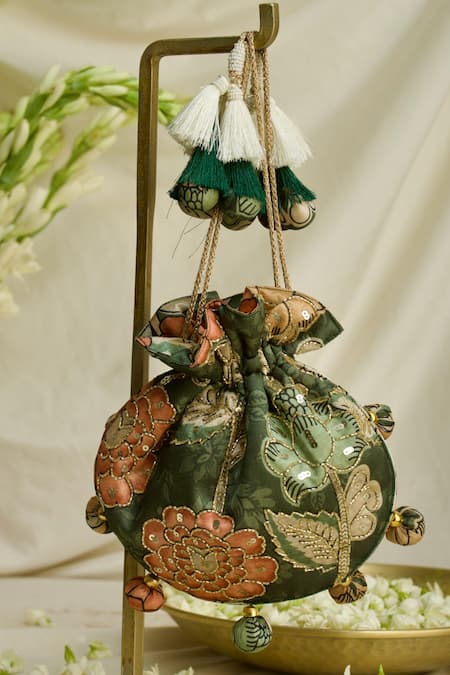 Shop Ozel Green Kalamkari Print Bloom U Shaped Potli Bag Online at Aza Fashions Shop_Ozel_Green Kalamkari Print Bloom U Shaped Potli Bag _Online_at_Aza_Fashions