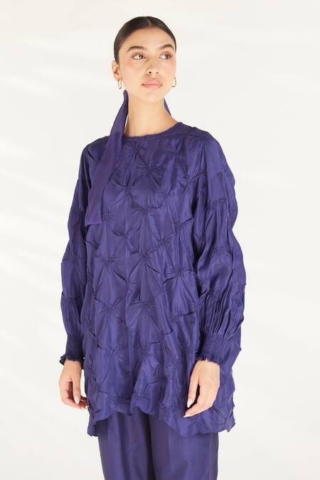 Ilk_Purple Silk, Satin, Chanderi Embroidery Round Tesselate Smocked Tunic And Pant Set_Online_at_Aza_Fashions