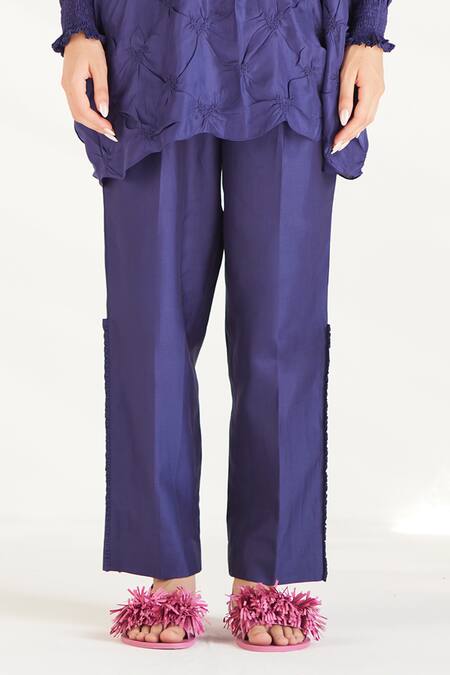 Buy_Ilk_Purple Silk, Satin, Chanderi Embroidery Round Tesselate Smocked Tunic And Pant Set_Online_at_Aza_Fashions