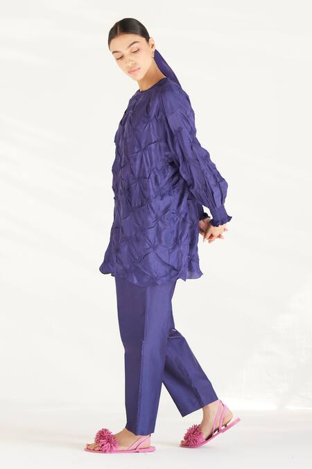 Shop_Ilk_Purple Silk, Satin, Chanderi Embroidery Round Tesselate Smocked Tunic And Pant Set_Online_at_Aza_Fashions