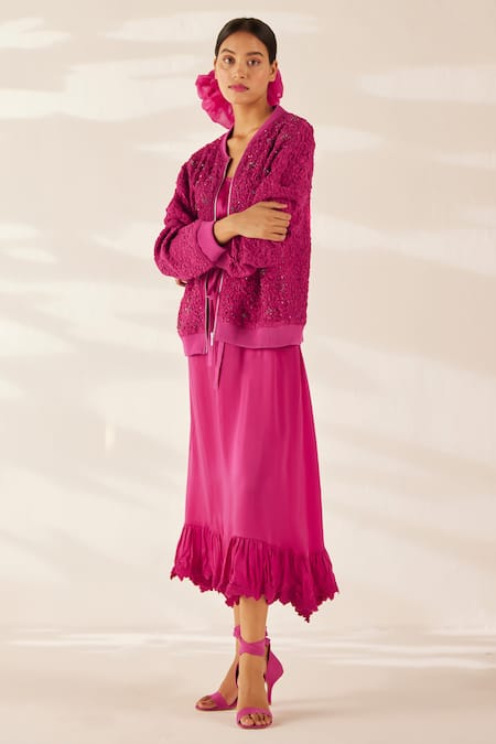 Ilk_Fuchsia Cotton, Silk Beads, Sequins Open Neck Smocked Bomber Jacket_Online_at_Aza_Fashions
