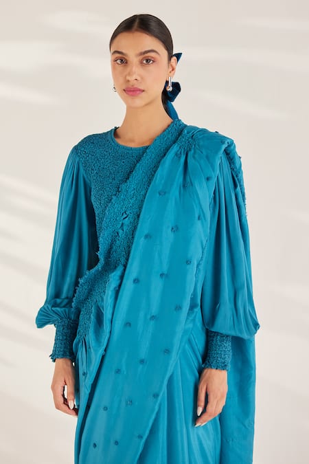 Ilk_Blue Cotton Satin Round Neck Cerulean Smocked Crop Top_Online_at_Aza_Fashions