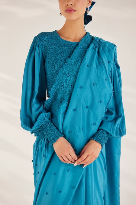 Buy_Ilk_Blue Cotton Satin Round Neck Cerulean Smocked Crop Top_Online_at_Aza_Fashions