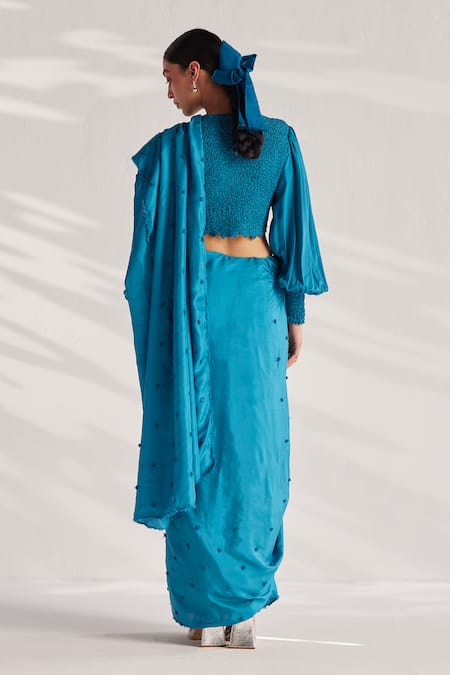 Shop_Ilk_Blue Cotton Satin Round Neck Cerulean Smocked Crop Top_Online_at_Aza_Fashions