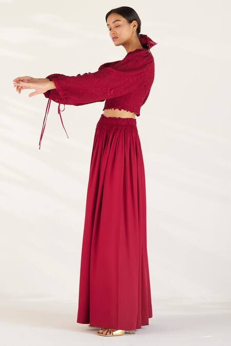 Ilk Red Cotton Satin Plain Round Serein Smocked Top And Skirt Set Online at Aza Fashions Ilk_Red Cotton Satin Plain Round Serein Smocked Top And Skirt Set _Online_at_Aza_Fashions