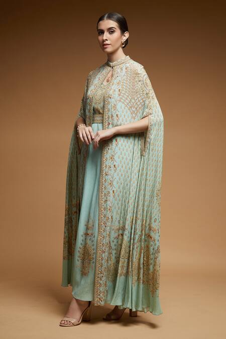 Shop Nirraamyaa Blue Mandala Floral Print Cape Online at Aza Fashions Shop_Nirraamyaa_Blue Mandala Floral Print Cape _Online_at_Aza_Fashions