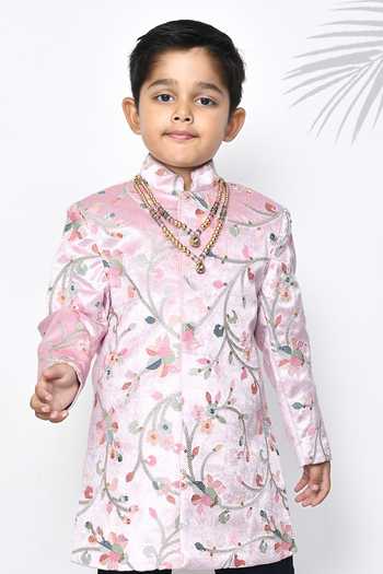 Shop_Petite Pomme_Multi Color , Silk, Satin Sequins, Floral Pattern Sherwani Set _Online_at_Aza_Fashions
