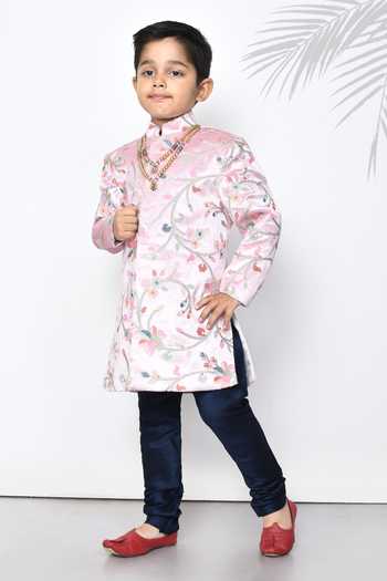 Petite Pomme_Multi Color , Silk, Satin Sequins, Floral Pattern Sherwani Set _at_Aza_Fashions