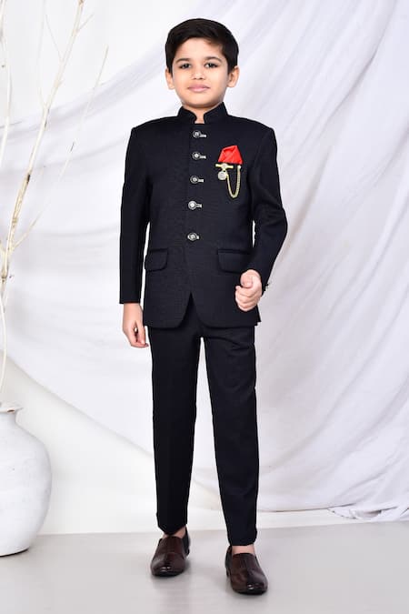 Samyukta Singhania Black Cotton, Polyester Brooches Solid Textured Bandhgala Pant Set 