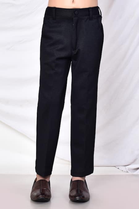 Petite Pomme_Black Cotton, Polyester Brooches Solid Textured Bandhgala Pant Set _Online_at_Aza_Fashions