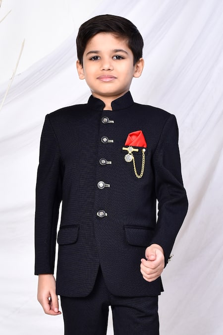 Buy_Petite Pomme_Black Cotton, Polyester Brooches Solid Textured Bandhgala Pant Set _Online_at_Aza_Fashions