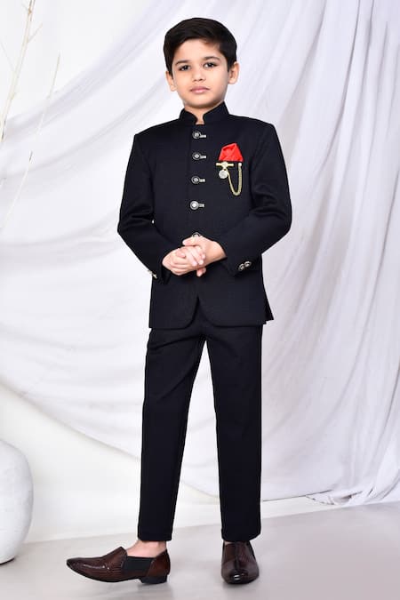 Shop_Petite Pomme_Black Cotton, Polyester Brooches Solid Textured Bandhgala Pant Set _Online_at_Aza_Fashions