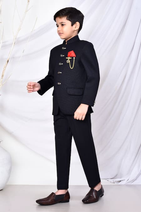 Petite Pomme_Black Cotton, Polyester Brooches Solid Textured Bandhgala Pant Set _at_Aza_Fashions