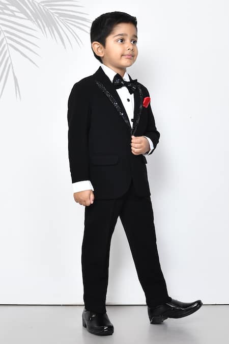 Shop_Petite Pomme_Black Cotton, Polyester Beads Embellished Lapel Tuxedo Pant Set _at_Aza_Fashions