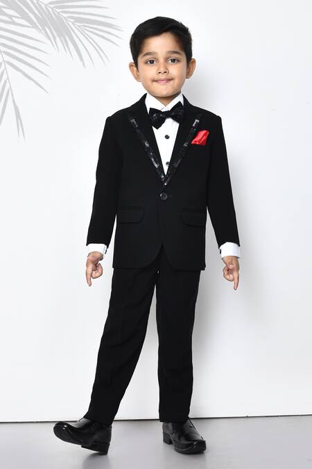 Shop_Petite Pomme_Black Cotton, Polyester Beads Embellished Lapel Tuxedo Pant Set _Online_at_Aza_Fashions